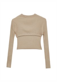 Top cropped a maniche lunghe a coste beige, con scollatura rotonda e silhouette aderente, caratterizzato da una cucitura orizzontale lungo la parte superiore del torso.