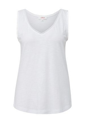Haut sans manches blanc en tissu léger, avec un décolleté en V et des coutures décoratives le long des bords. Texture lisse, coupe décontractée.
