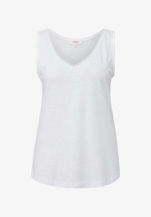 Top senza maniche bianco realizzato in tessuto leggero, con scollatura a V e cuciture decorative lungo i bordi. Texture liscia, vestibilità casual.