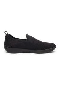 Black slip-on sneaker with knit upper, elastic side panels, pull tab at heel, and cushioned sole for casual wear.