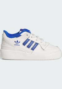White leather sneaker with blue accents, textured tongue, three blue stripes, and a white rubber sole. Branding on the side and tongue.