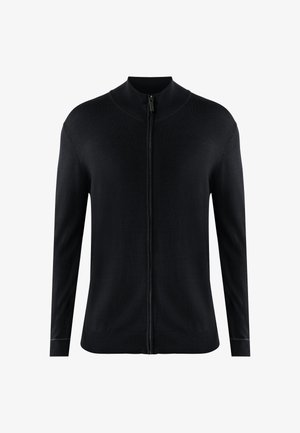 Schwarze Reißverschluss-Kardigan mit hohem Kragen, langen Ärmeln und subtiler Textur. Glattes Material mit gerippten Bündchen und Saumakzenten.