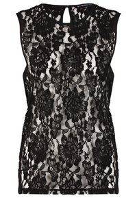 Top senza maniche in pizzo nero con motivo floreale, tessuto semi-trasparente, scollatura rotonda e piccolo foro sulla schiena.