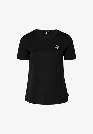 Czarny t-shirt z krótkim rękawem z małym różowym flamingiem trzymającym kieliszek koktajlowy, wyhaftowany na lewej piersi.