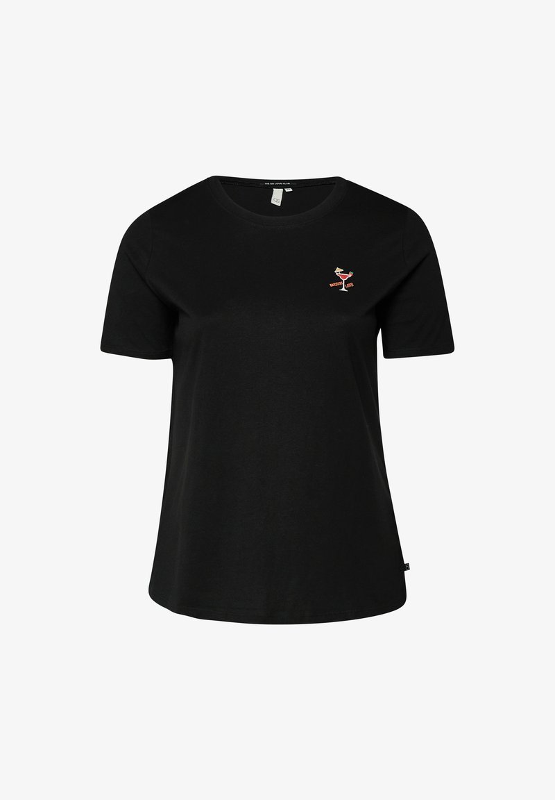 T-shirt noir à manches courtes avec un petit flamant rose tenant un verre à cocktail brodé sur la poitrine gauche.