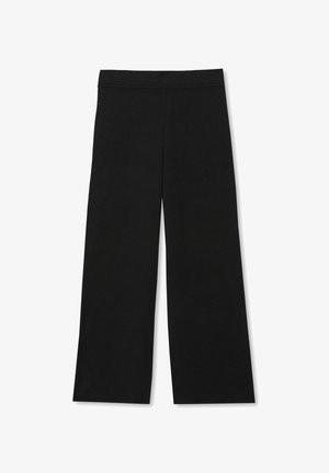 Sorte bukser med brede ben, en lige linning og en glat, ubemærket stofoverflade, vist fladt mod en hvid baggrund.