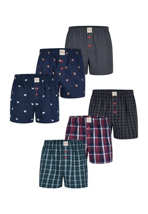 Set van acht paren herenboxers; verschillende kleuren en patronen, waaronder marineblauw met dierenprints en geruite ontwerpen; elastische tailleband, knoopdetail.