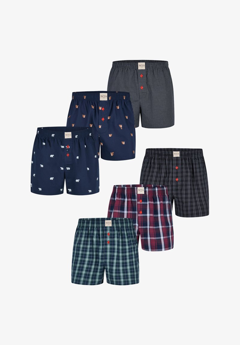 Sada osmi párů pánských boxerů; různé barvy a vzory zahrnují námořnickou modrou s potisky zvířat a kostkovanými designy; elastický pas, detail knoflíku.