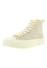 Beige Segeltuch-Hochschnitt-Sneaker mit runder Zehenpartie, strukturiertem Körper, cremiger Gummisohle und passenden Schnürsenkeln. Verfügt über metallische Ösen und ein Schlaufenetikett.