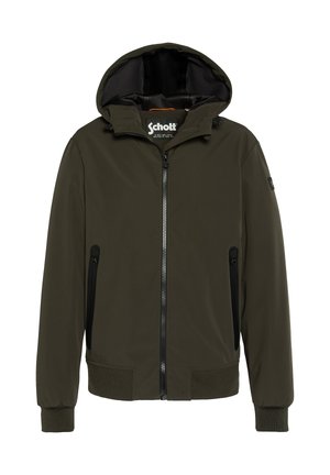Veste à capuche verte olive en tissu lisse. Comprend une fermeture éclair à l'avant, deux poches latérales zippées, et des poignets et un ourlet côtelés.