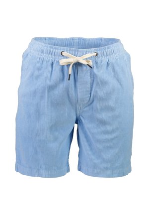 Jasnoniebieskie sztruksowe szorty z elastycznym pasem i białym sznurkiem do wiązania, sięgające do kolan, z bocznymi kieszeniami.