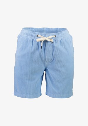 Hellblaue Cord-Shorts mit elastischem Bund und weißem Kordelzug, knielang mit Seitentaschen.