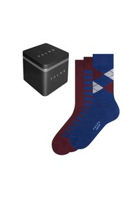 Juego de calcetines Falke en una lata cuadrada negra. Incluye calcetines en color burdeos, azul y con diseños de rombos en diferentes texturas y patrones.