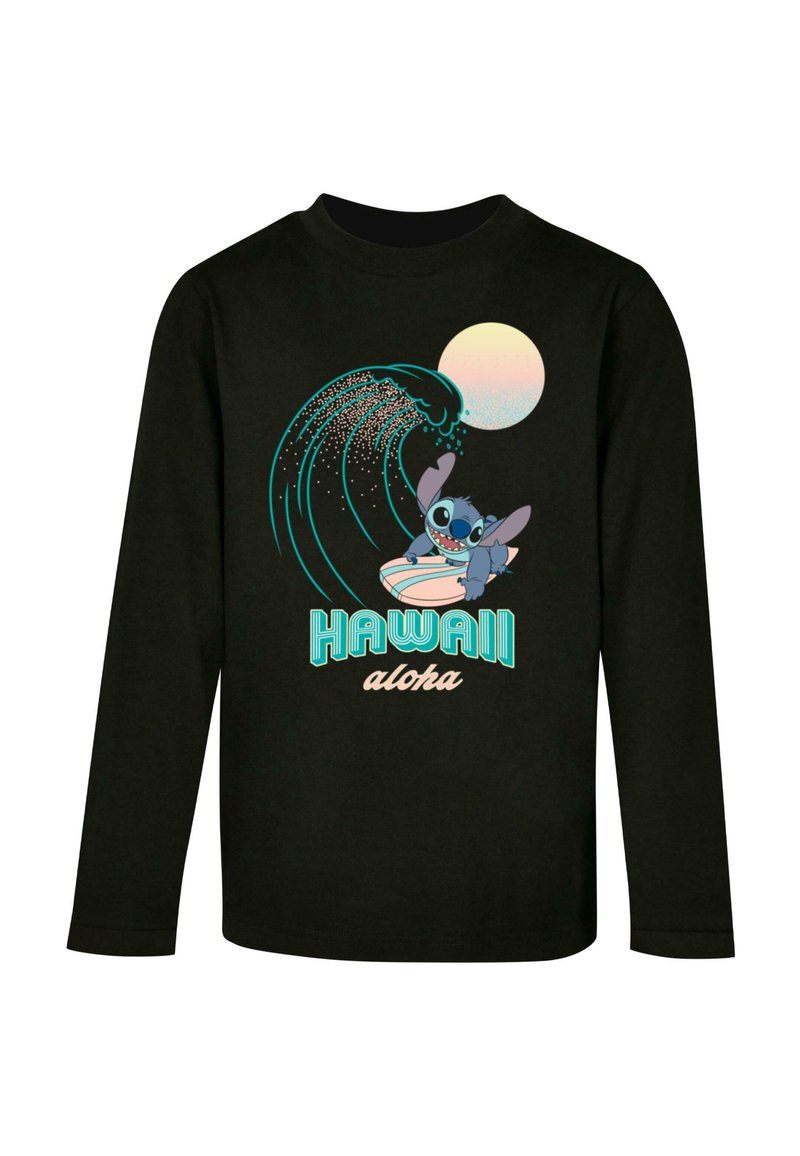 Sort langærmet skjorte med et grafisk motiv af en karakter, der surfer på en bølge, med teksten "HAWAII" og "aloha" i turkis og pastelfarver.