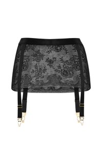 Czarna koronkowa spódniczka z zawieszkami w kwiatowy wzór, satynowy pas w talii oraz regulowane ramiączka. Zawiera dekoracyjne złote akcenty.