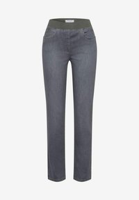 Szare dżinsy z elastycznym paskiem w talii, prostym krojem nogawki, pięcioma kieszeniami i subtelnymi detalami stębnowania.