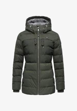 Grøn polstret jakke med grå pelsforet hætte, der har en frontlynlås, to sidelommer og elastiske manchetter for en tætsiddende pasform.