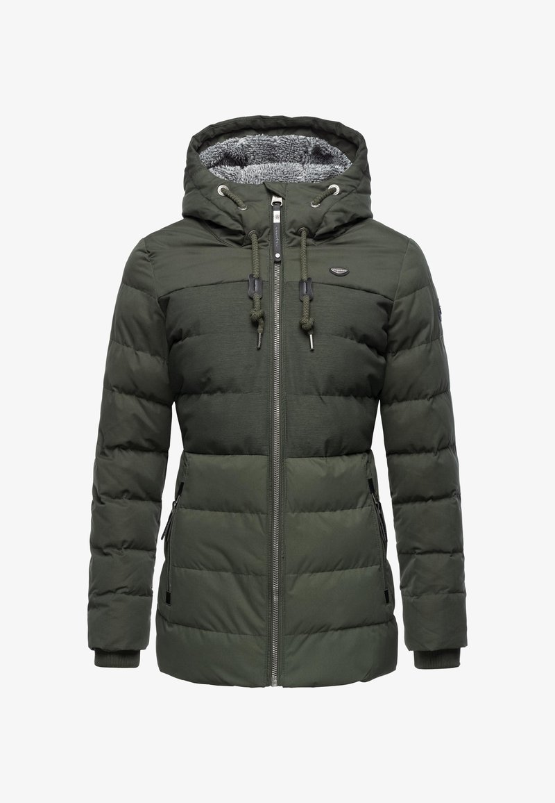 Grön vadderad jacka med grå pälsfodrad huva, utrustad med en frontdragkedja, två sidofickor och elastiska ärmslut för en tajt passform.