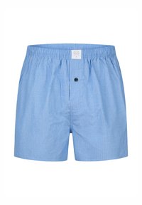 Pánské boxerky s modrými pruhy, elastickým pasem, zapínáním na knoflíky a malou logovou cedulkou vpředu, vyrobené z lehké látky.