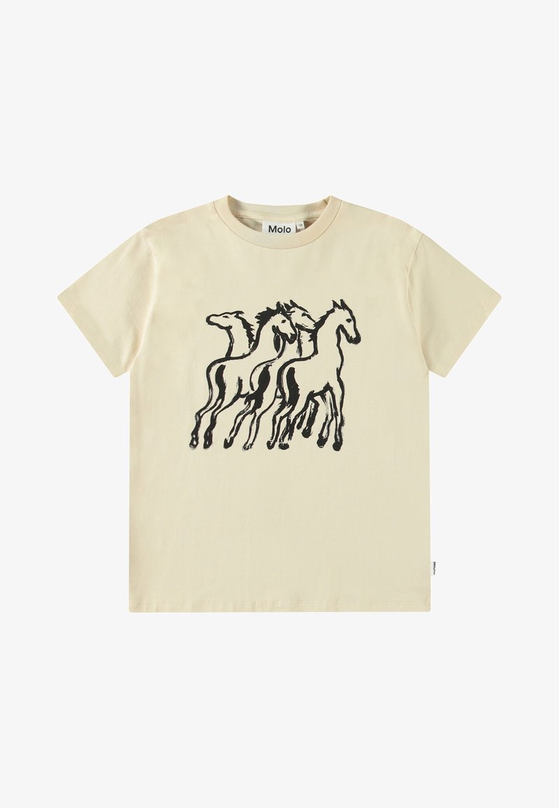 Beige bavlněné tričko s černým grafickým designem tří klisniček na úprku. Krátké rukávy a kulatý výstřih.