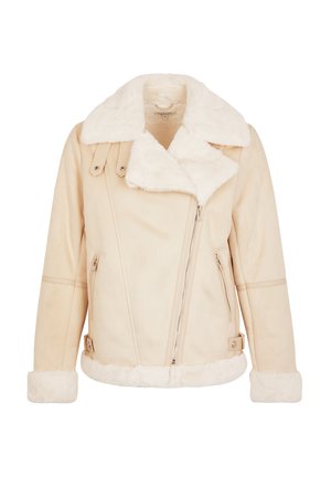 Giacca in finta shearling crema con colletto ampio, chiusura con zip, tasche laterali e polsini morbidi. Forma strutturata e texture liscia.