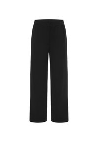 Schwarze, weit geschnittene Hosen aus weichem Stoff mit Knopfverschluss, die eine glatte Textur und keine sichtbaren Muster oder Akzente aufweisen.