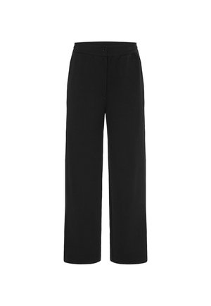 Black, wide-leg trousers made of soft fabric with a button closure, featuring a smooth texture and no visible patterns or accents.