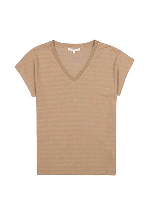 Beiger Strickoberteil mit kurzen Ärmeln, V-Ausschnitt und geripptem Kragen, Größe klein, flach auf einem weißen Hintergrund ausgelegt.