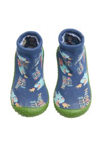Botines infantiles azules con estampado, suela de goma verde, con diseños florales y de animales, y parte superior de punto suave para mayor comodidad.
