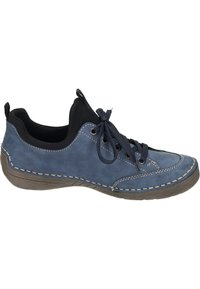 Blue suede sneaker with a low profile, round toe, black accents, and contrasting cream stitching. Features laces and a textured rubber sole.