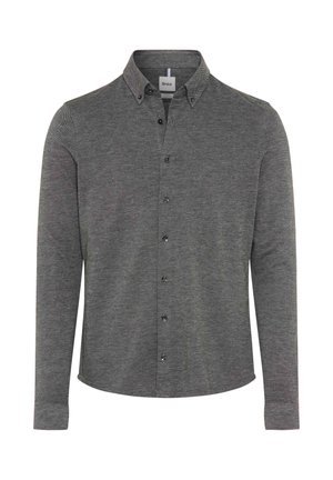 Camicia a maniche lunghe grigia scura con colletto, caratterizzata da una sottile trama a spina di pesce e bottoni neri lungo il davanti.