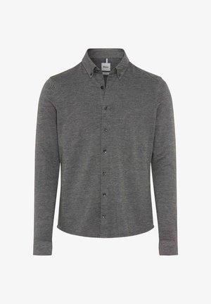 Donkergrijze overhemden met kraag, voorzien van lange mouwen, een subtiele herringbone textuur en zwarte knopen aan de voorkant.