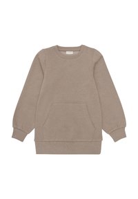 Beige pulóver kerek nyakkivágással, hosszú puff ujjal és elülső zsebbel. Puha anyagból készült, bordás mandzsettákkal és aljjal.
