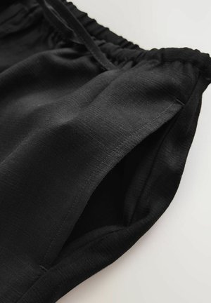 Schwarzer Stoff mit einer strukturierten Oberfläche, elastischem Bund und seitlichem Taschen-Detail. Das Material wirkt leicht und glatt.