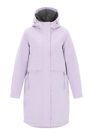 Gaiši violeta ūdensnecaurlaidīga jaka ar augstu apkakli un noņemamu kapuci, kurai ir divas sānu kabatas ar zipa aizdari un gluds, elegants dizains.