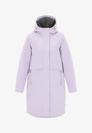 Svetlofialový nepremokavý kabát s vysokým golierom a odnímateľnou kapucňou, ktorý má dve bočné vrecká na zips a hladký, elegantný dizajn.