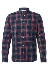 Camicetta a maniche lunghe con bottoni di colore blu navy, con motivo a quadri rossi e bianchi, dotata di tasca sul petto e colletto tradizionale.