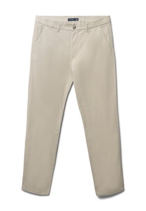 Beige Chino-Hosen mit flachem Vorderteil, Seitentaschen und Knopfverschluss. Hergestellt aus einem glatten Stoff und mit einer taillierten Passform.