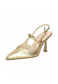 Gouden slingback pumps met spits toelopende neus, fijne bandjes en een kleine gesp, op witte achtergrond.