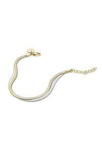 Bracciale in metallo con catene intrecciate in oro e argento, dal finish liscio e strutturato. Chiusura di sicurezza a gancio a scatto e catena regolabile.