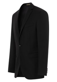 Black suit jacket with a single button closure, notch lapel, and a textured inner lining. Features two front pockets and a tailored silhouette.