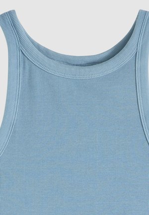 Light blue ribbed sleeveless tank top with a round neckline, close-up showing fabric texture and stitching details.