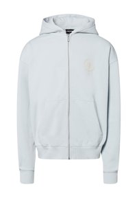 Felpa leggera blu chiaro con zip, realizzata in un tessuto morbido, caratterizzata da una tasca frontale a marsupio, polsini a costine e un logo discreto sul petto.