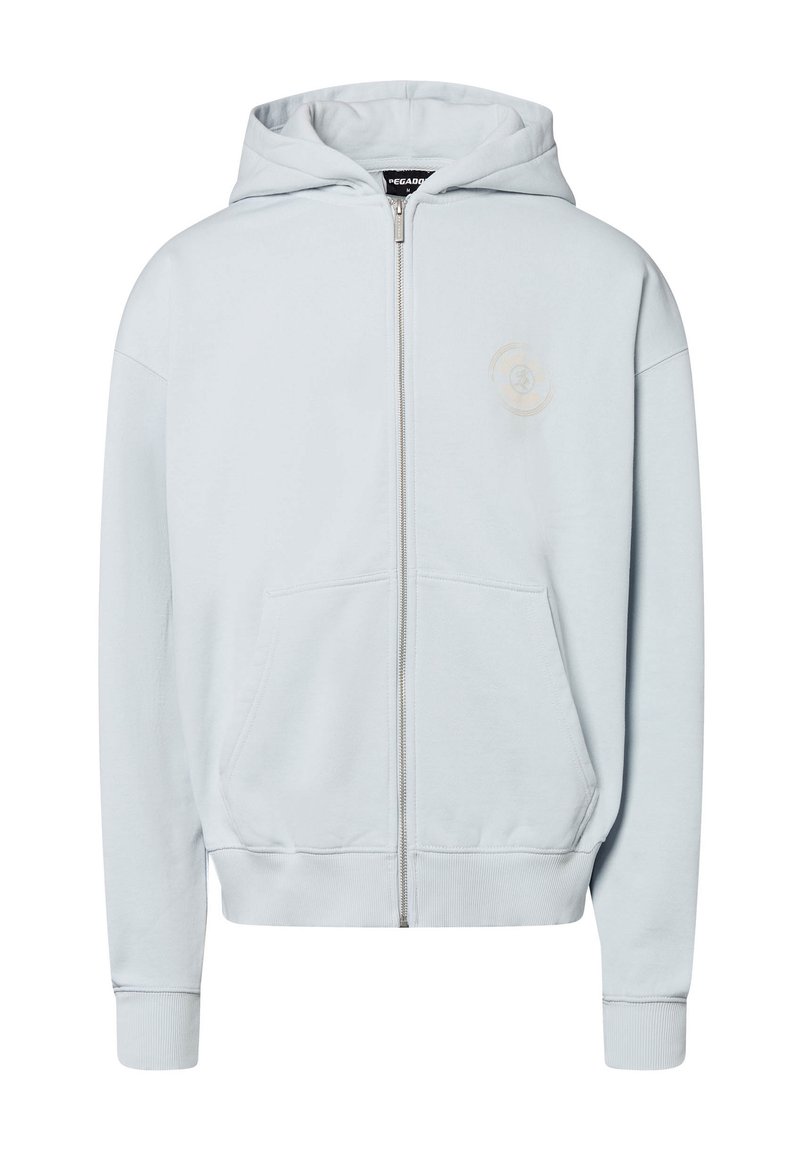 Felpa leggera blu chiaro con zip, realizzata in un tessuto morbido, caratterizzata da una tasca frontale a marsupio, polsini a costine e un logo discreto sul petto.