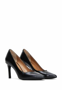 Black leather high-heeled pumps with a pointed toe, smooth texture, and a slim heel design. Interior features a tan lining.