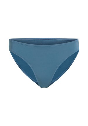 Blauer Bikini-Slip mit glatter Oberfläche, mittlerer Bedeckung und einfarbigem Design mit kontrastierenden Seitenpaneelen.