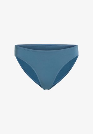 Blauer Bikini-Slip mit glatter Oberfläche, mittlerer Bedeckung und einfarbigem Design mit kontrastierenden Seitenpaneelen.