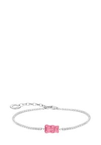 Silberarmband mit einem zentralen rosa Gummibärchen-Anhänger, verziert mit klaren Kristallen entlang einer filigranen Kette.