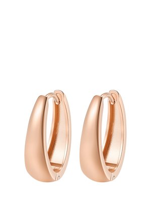 Pair of smooth, polished rose gold hoop earrings with a rounded, tapered design and hinged clasp closure, shown on a white background.