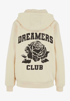 Kremowa bluza z kapturem z dużym czarnym nadrukiem róży poniżej napisu "DREAMERS CLUB". Miękki materiał bawełniany z ribbowanymi mankietami.
